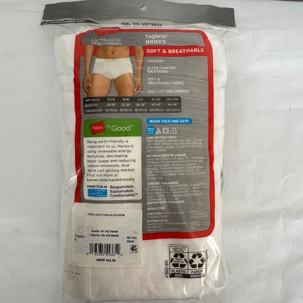 Hanes Ultimate Ultra Comfort Waistband Tagless Full Cut 7 Briefs Sz. XL 40-42